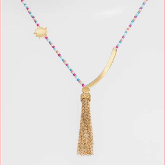 Candy-colored seed beads suspend brushed golden charms and a breezy chain tassel - Picture 2 of 6